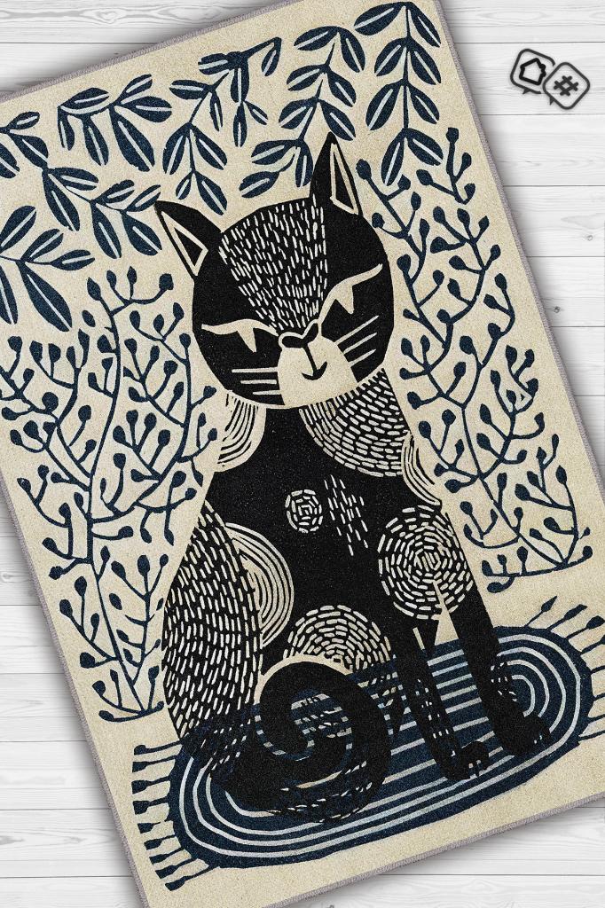 Kedi Sanatı, Mavi Renkli Kedi Desenli,İskandinav ,Pamuklu Dokuma Tabanlı Yıkanabilir Bej Kedi Sever Halısı