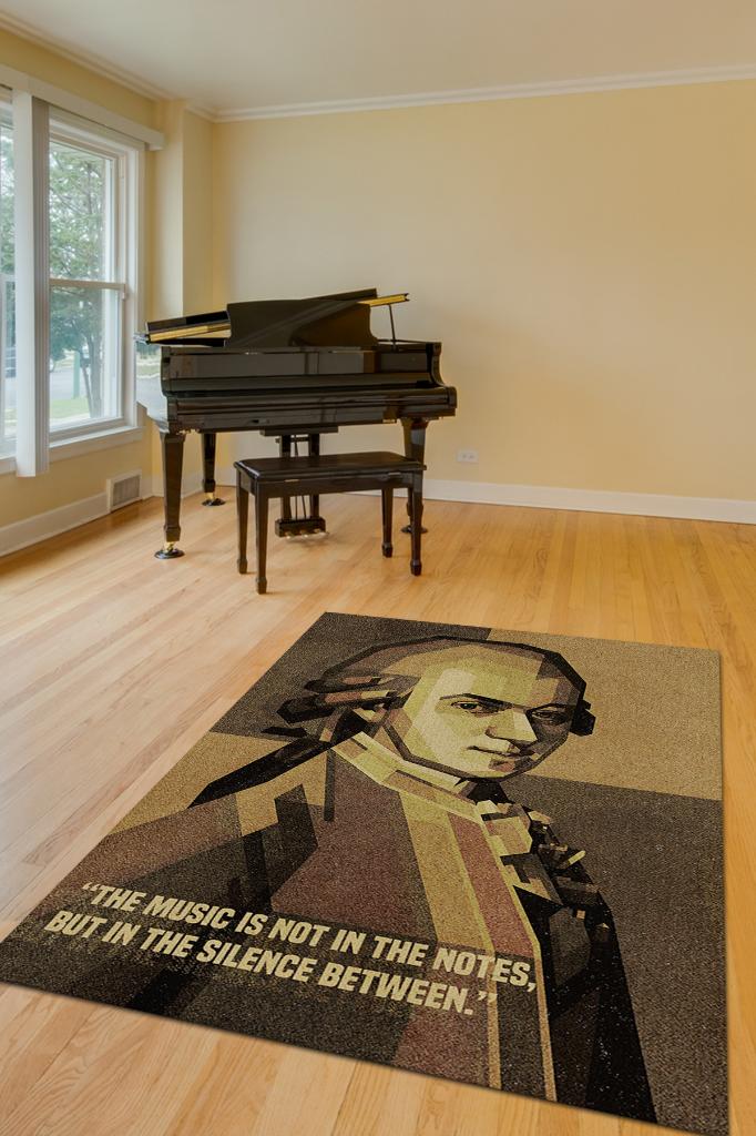 Mozart Koyu Renkli Müzisyen Halı Müzsik Severe Hediyelik Halı Geometrik Figürlü Halı