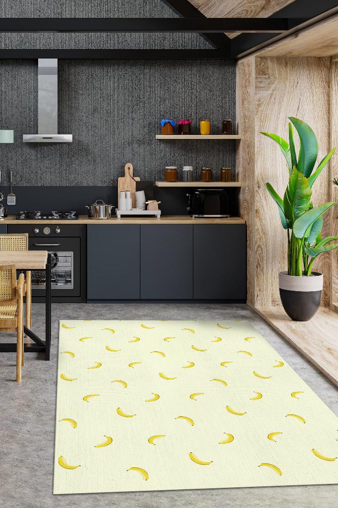 Muz Desenli Sarı Halı Minimal Salon Halısı Renkli Mutfak Halısı Tarz Oturma Odası Halı