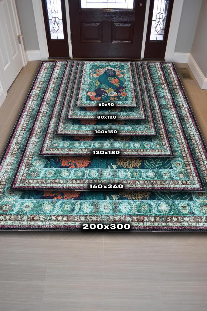 Nuh'un Gemisi Koleksiyonu Goril, Çiçek Desenli Art Deco Tarzı Vintage Halı,Çok Renkli Maksimalist Halı