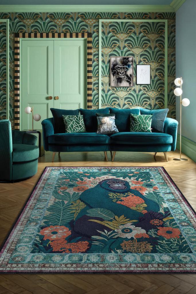Nuh'un Gemisi Koleksiyonu Goril, Çiçek Desenli Art Deco Tarzı Vintage Halı,Çok Renkli Maksimalist Halı