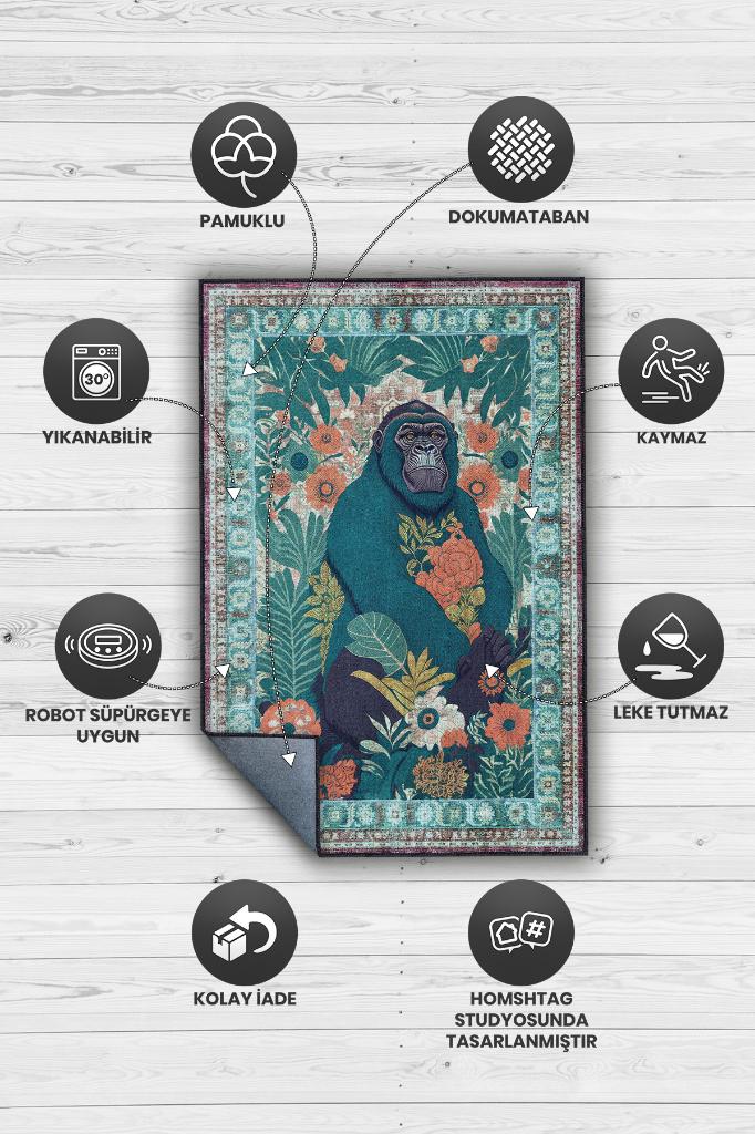Nuh'un Gemisi Koleksiyonu Goril, Çiçek Desenli Art Deco Tarzı Vintage Halı,Çok Renkli Maksimalist Halı