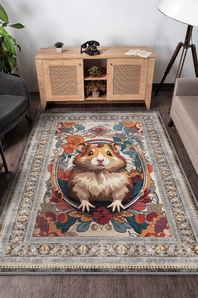 Nuh'un Gemisi Koleksiyonu Hamster Çiçek Desenli Temalı Vintage Renkli Maksimalist Halı