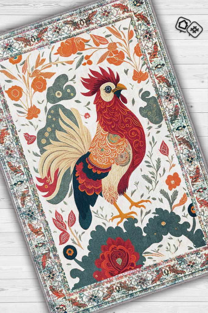 Nuh'un Gemisi Koleksiyonu Horoz, Çiçek Desenli Art Deco Tarzı Vintage Halı,Çok Renkli Maksimalist Halı