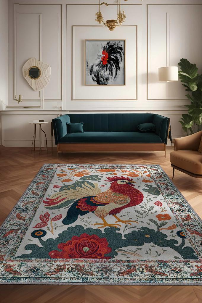 Nuh'un Gemisi Koleksiyonu Horoz, Çiçek Desenli Art Deco Tarzı Vintage Halı,Çok Renkli Maksimalist Halı
