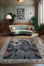 Nuh'un Gemisi Koleksiyonu Zebra, Çiçek Desenli Art Deco Tarzı Vintage Halı,Çok Renkli Maksimalist Halı