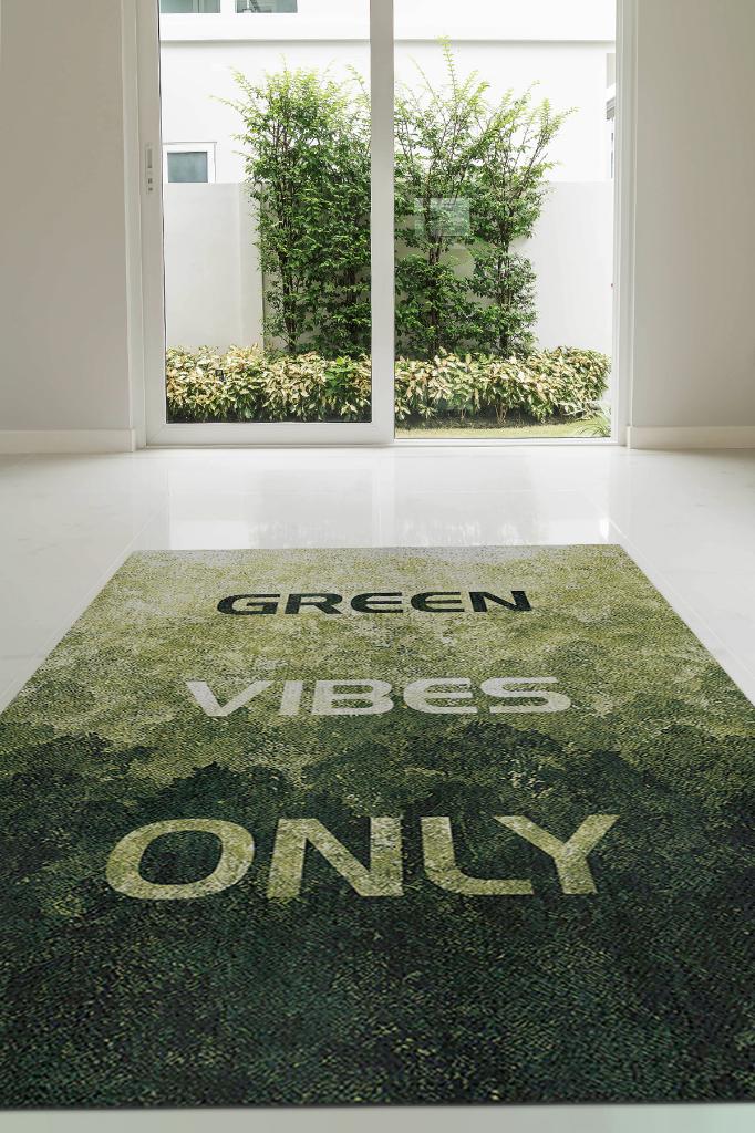 Sadece Yeşil Renkli Halı Dokulu Salon Halısı Doğa Sever Modern Yazlık Oturma Odası Halısı