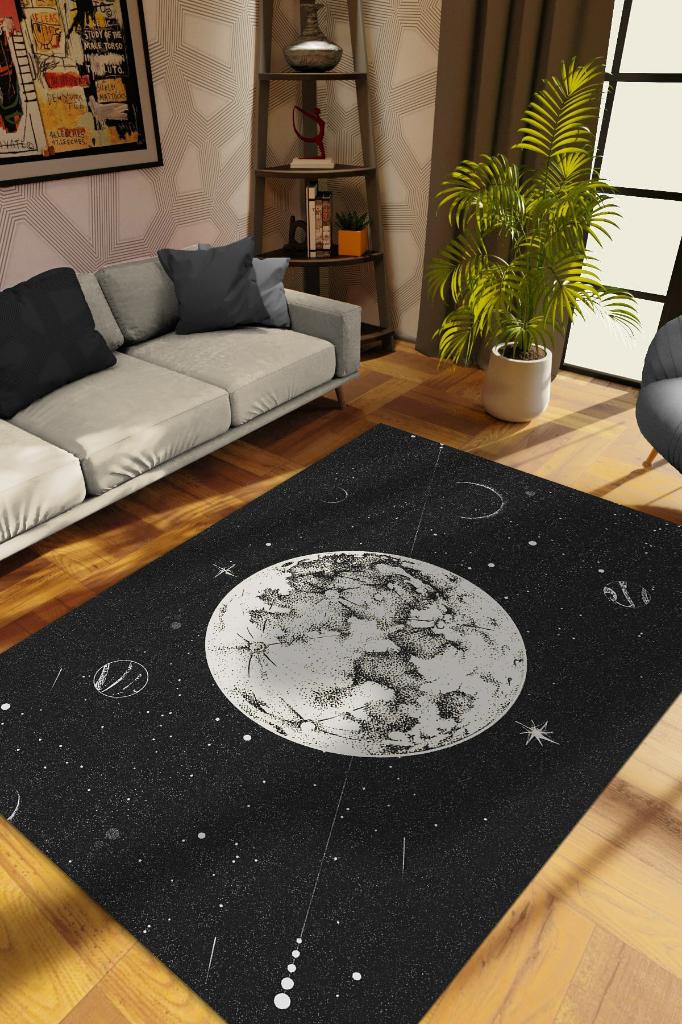 Uzayda Ay Siyah Renkli Salon Halısı Gökyüzü Temalı Genç Odası Halısı Koyu Renkli Halı