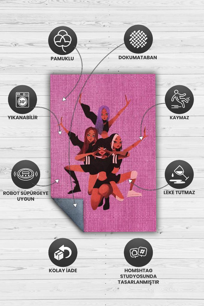 Blackpink Pembe Renkli Dokuma Halı Figürlü Genç Odası Halısı Müzik Temalı Halı Modern Halı