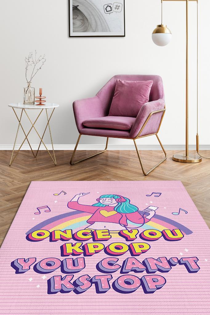 Duramazsın Pembe Renkli Halı Kpop Sever Genç Odası Halısı Modern Hediyelik Figürlü Halı