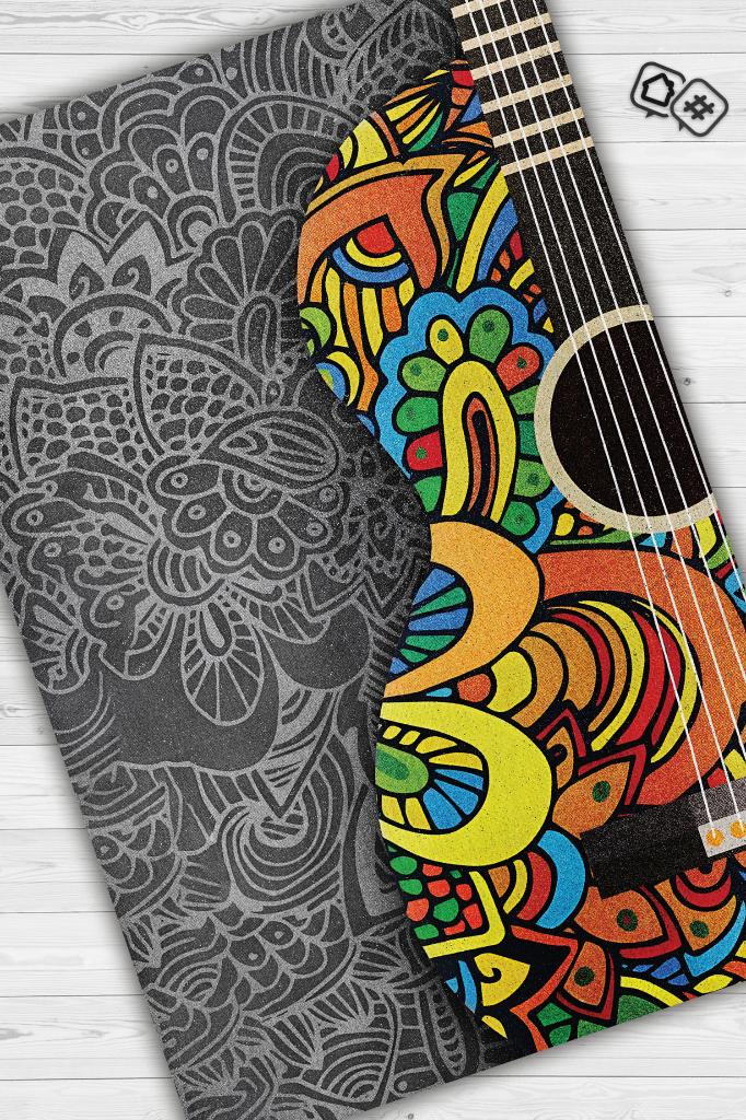 Gitar Renkleri Gri Çok Renki Halı Etnik Desenli Müzik Sever Halısı Gitar Desenli Halı