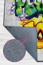 Huzur ve Keyif Çok Renkli Genç Odası Halısı Dokuma Tabanlı Dekoratif Graffiti Halısı