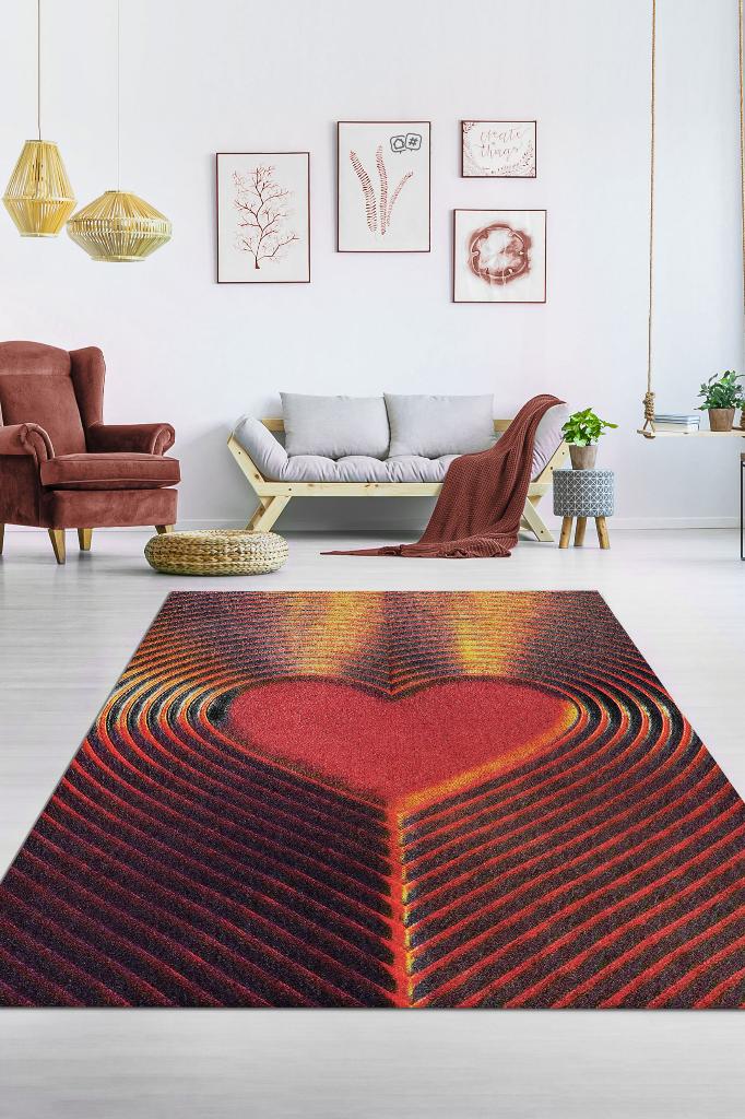 Kalbin Ritmi Kırmızı Renkli Halı Geometrik Salon Halısı Aşk Temalı Oturma Odası Halısı
