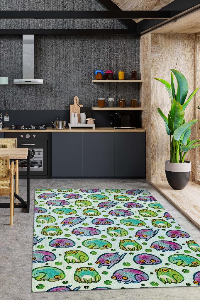 Kurbağa Mood Renkli Minimalist Mutfak Halısı Kurbağa Baskılı Özel Tasarım Halı