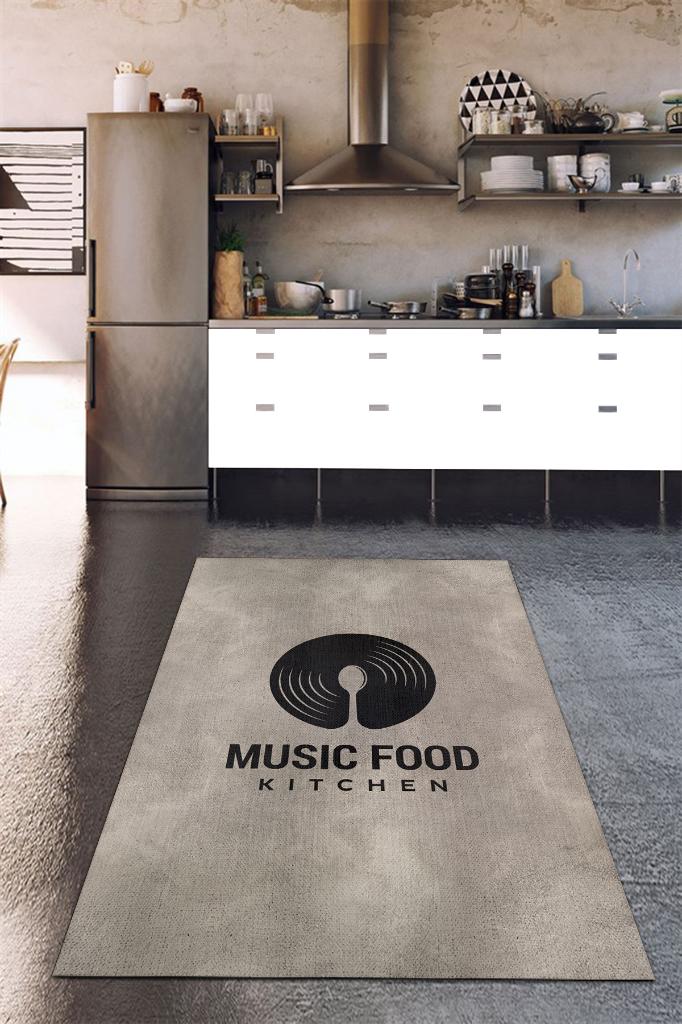 Müzik ve Yemek Bej Renkli Mutfak Halısı Dekoratif Mutfak Temalı Halı Modern Dokuma Halı