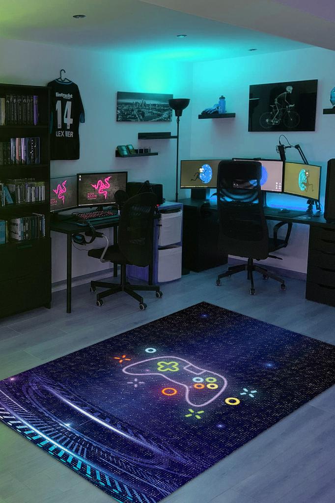 Neon Gamer Siyah Renk Oyuncu Halısı Neon Renk Gamer Temalı Halı Oyuncuya Hediye Halı