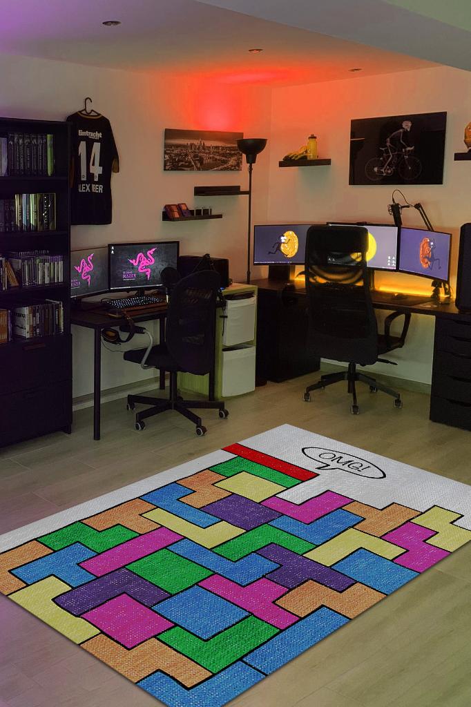 Olamaz Renkli Oyuncu Halısı Zemini Beyaz Renk Gamer Temalı Halı Tetris Sever Hediyelik Halı