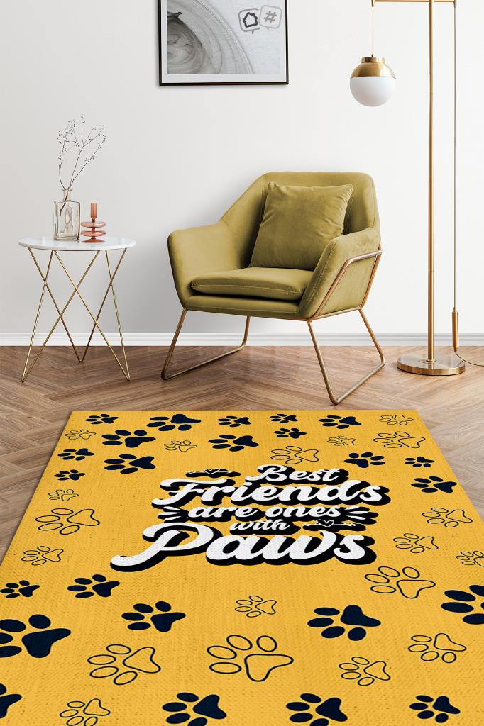 Patili Dostlar Sarı Siyah Renkli Halı Kedi Figürlü Salon Halısı Modern Genç Odası Halısı