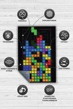 Tetris Çok Renkli Oyuncu Halısı Zemini Beyaz Renk Gamer Temalı Halı Oyuncuya Hediye