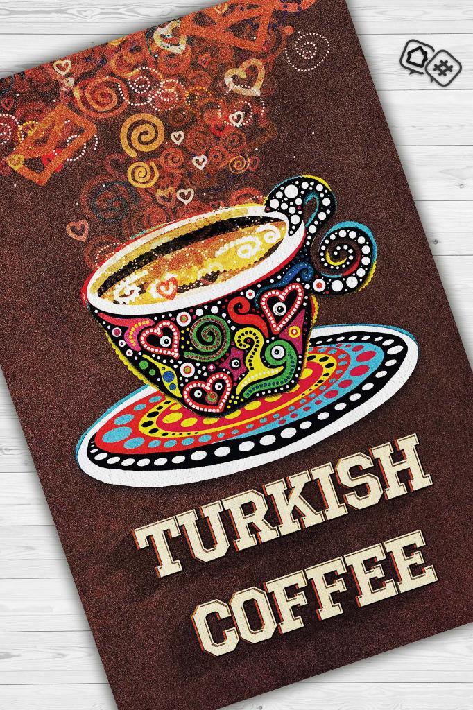 Türk Kahvesi Kahverengi Halı Etnik Desenli Mutfak Halısı Kahve Figürlü Sanatsal Halı
