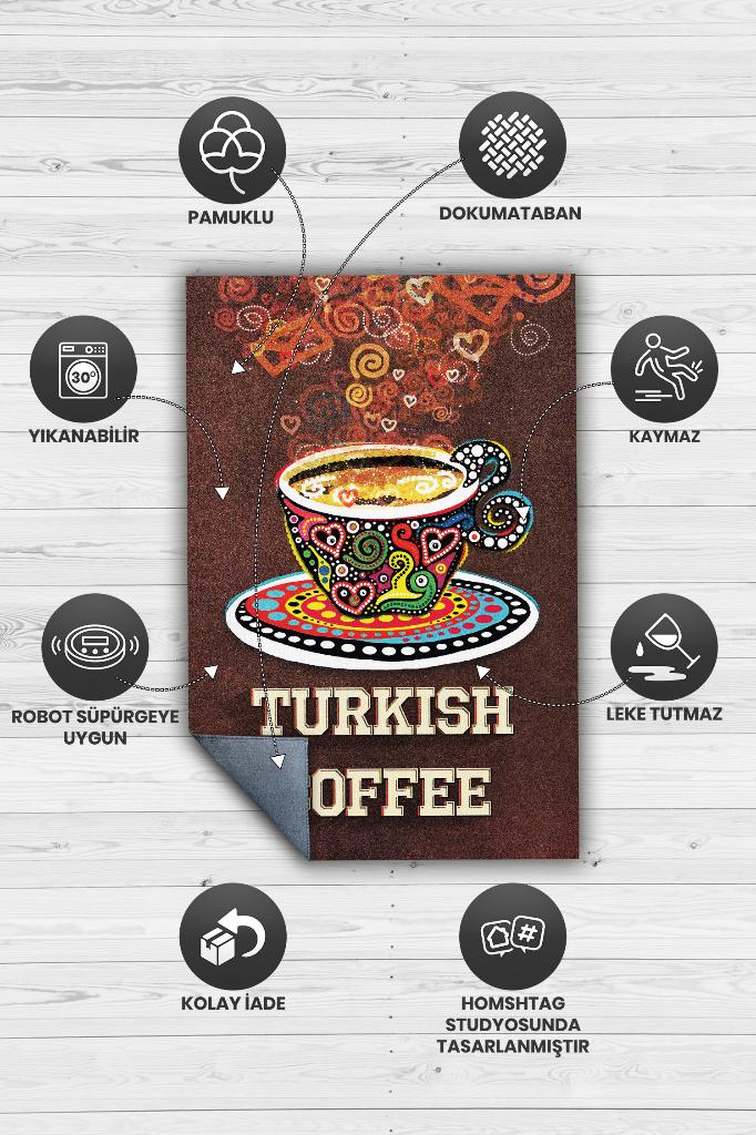 Türk Kahvesi Kahverengi Halı Etnik Desenli Mutfak Halısı Kahve Figürlü Sanatsal Halı