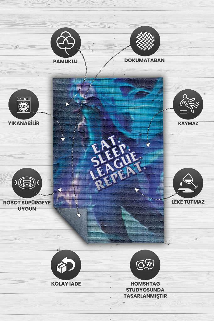 Ye Uyu Dinlen Çok Renkli Oyuncu Halısı Mavi Renk Gamer Temalı League Of Legends Sever Halı